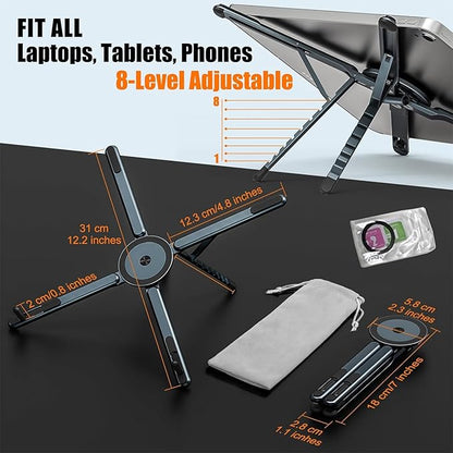 Laptop Stand for Desk, Foldable Aluminum Alloy Magnetic Computer Riser, Ergonomic 8 - Level Adjustable Height Travel Laptop Holder,Multi - Functional Stand for 10–16"Laptop,4–13" Tablet and Phone | Stands - TrueDesk