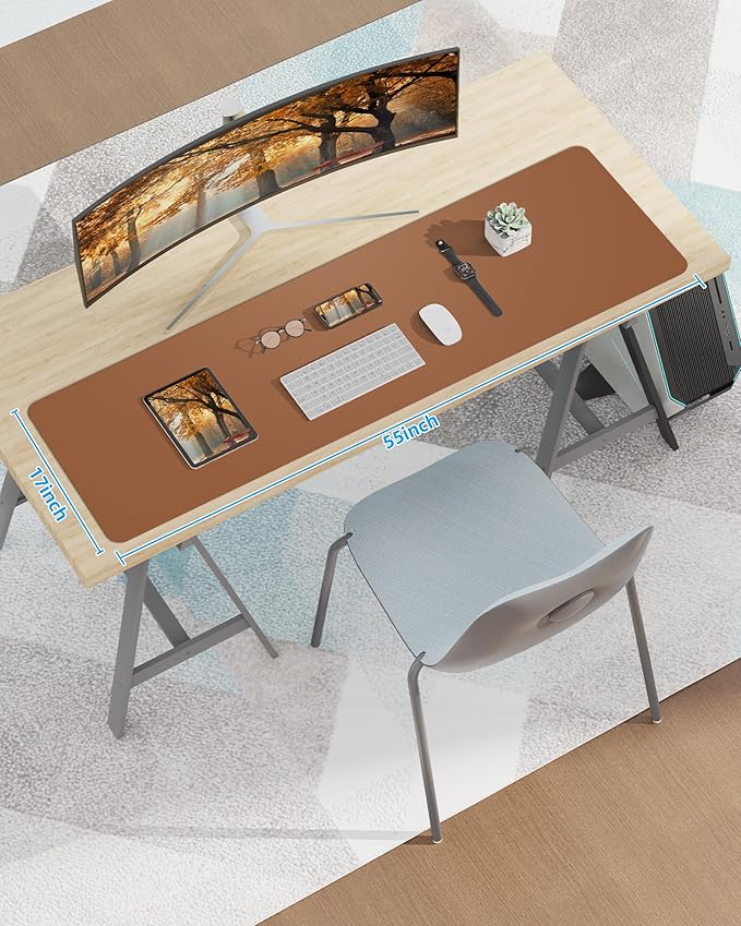 Large Desk Mat 55" x 17"Leather Desk Pad Protector,Mouse Pad,Office Desk Mat, Non - Slip PU Leather Desk Blotter,Waterproof Keyboard mat for Office/Home/Decor (Brown) | Desk Pads Blotters - TrueDesk