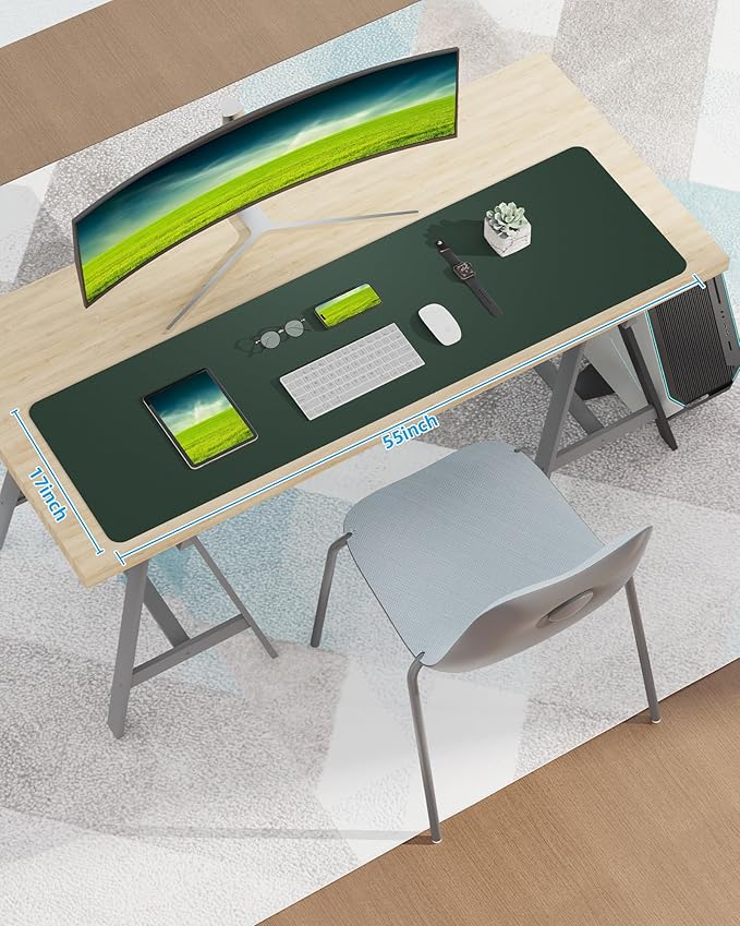 Large Desk Mat,55" x 17"Leather Desk Pad Protector,Large Mouse Pad,Office Desk Mat, Non - Slip PU Leather Desk Blotter, Laptop Desk Pad,Waterproof Desk Writing Pad for Office/Home/Decor (Dark Green) | Desk Pads Blotters - TrueDesk