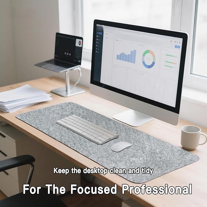 Large Felt Desk Mat, 35.4" x 15.7" Felt Desk Pad - Non - Slip Keyboard Mat & Mouse Pad for Office and Gaming, Water Resistant Desktop Protector for Computer, Home, Work (Light Gray) | Desk Pads Blotters - TrueDesk