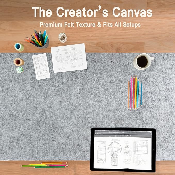 Large Felt Desk Mat, 35.4" x 15.7" Felt Desk Pad - Non - Slip Keyboard Mat & Mouse Pad for Office and Gaming, Water Resistant Desktop Protector for Computer, Home, Work (Light Gray) | Desk Pads Blotters - TrueDesk