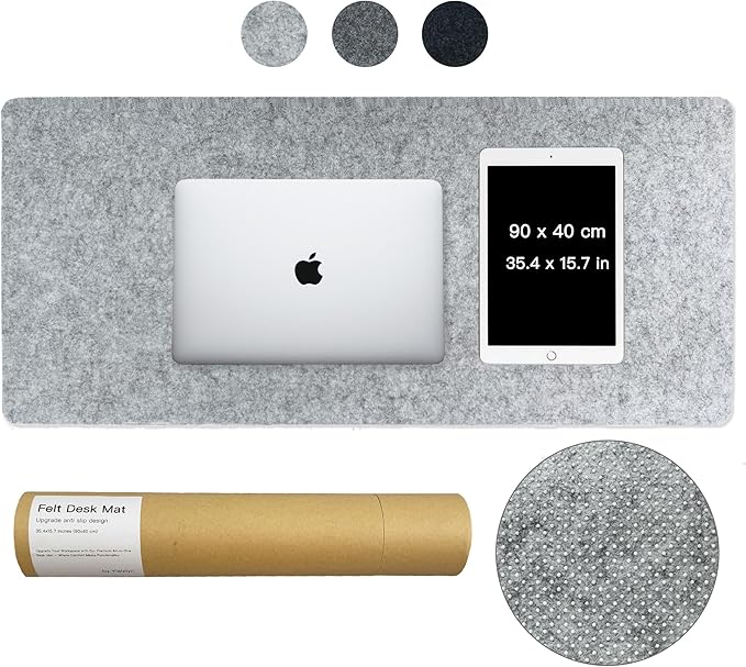 Large Felt Desk Mat, 35.4" x 15.7" Felt Desk Pad - Non - Slip Keyboard Mat & Mouse Pad for Office and Gaming, Water Resistant Desktop Protector for Computer, Home, Work (Light Gray) | Desk Pads Blotters - TrueDesk