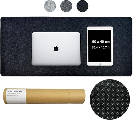 Large Felt Desk Mat, 35.4"x15.4" Felt Desk Pad - Non - Slip Keyboard Mat & Mouse Pad for Office and Gaming, Water Resistant Desktop Protector for Computer, Home, Work (Black Gray) | Desk Pads Blotters - TrueDesk