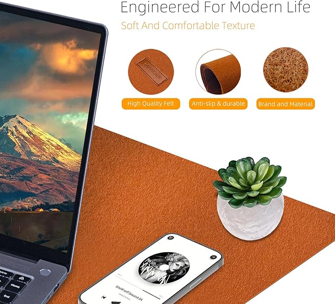 Large Felt Desk Pad | Felt Desk Protector | Full Desk Mouse & Keyboard Mat | Computer Desk Mat - 36×16 Inch Workspace Protector(Brown) | Desk Pads Blotters - TrueDesk