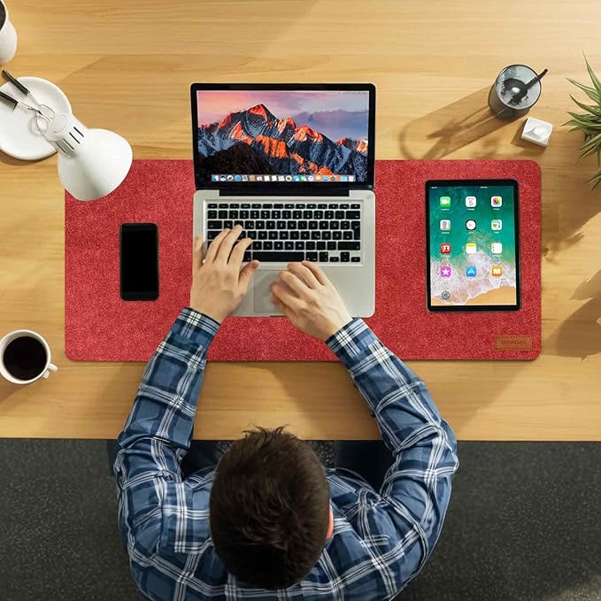 Large Felt Desk Pad | Felt Desk Protector | Full Desk Mouse & Keyboard Mat | Computer Desk Mat - 36×16 Inch Workspace Protector(Red) | Desk Pads Blotters - TrueDesk