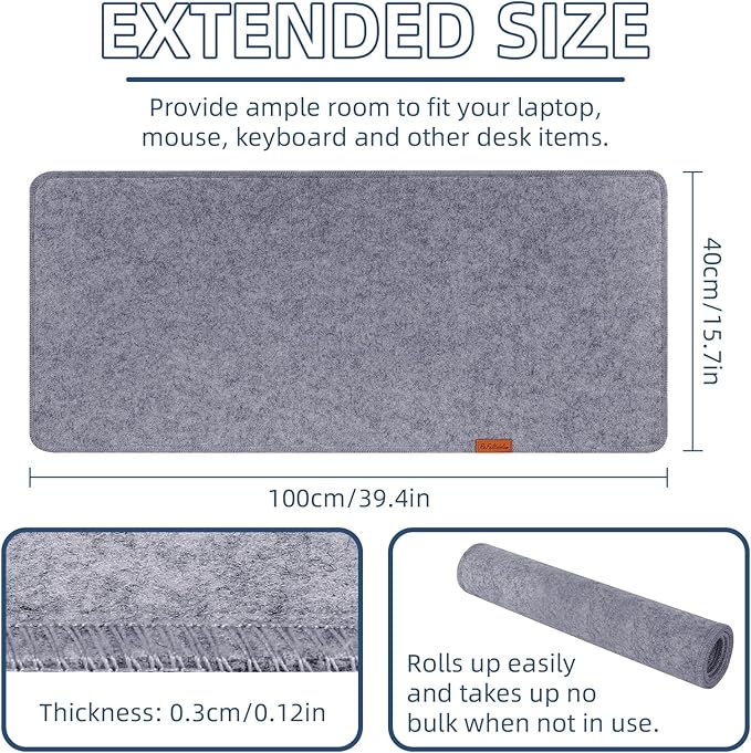 Large Felt Desk Protective Pad, 100X40cm/40''X16'' Non - Slip Felt Desk Mat Extended Gaming Mouse Pad Large Desk Pad Protector for Keyboard, Computer, Mouse, Laptop (Grey) | Mouse Pads - TrueDesk