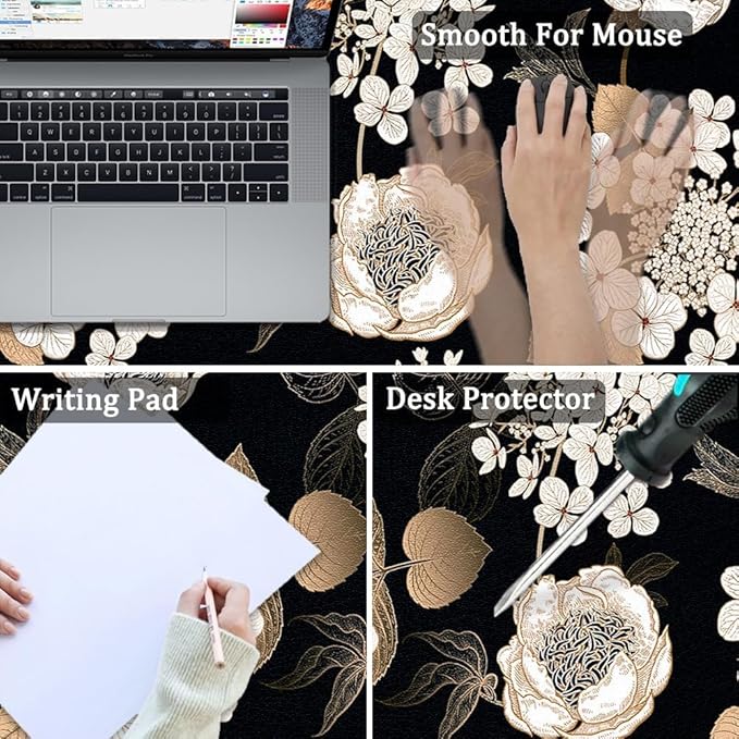 Large Mouse Pad, Desk Mat for Desktop, Dual Side PU Leather Waterproof Gaming Mousepad Desk Pad, Desk Protector Writing Pads Desk Accessories for Office and Home (C - Black Gold Flower, 31.5''X15.8'') | Desk Pads Blotters - TrueDesk