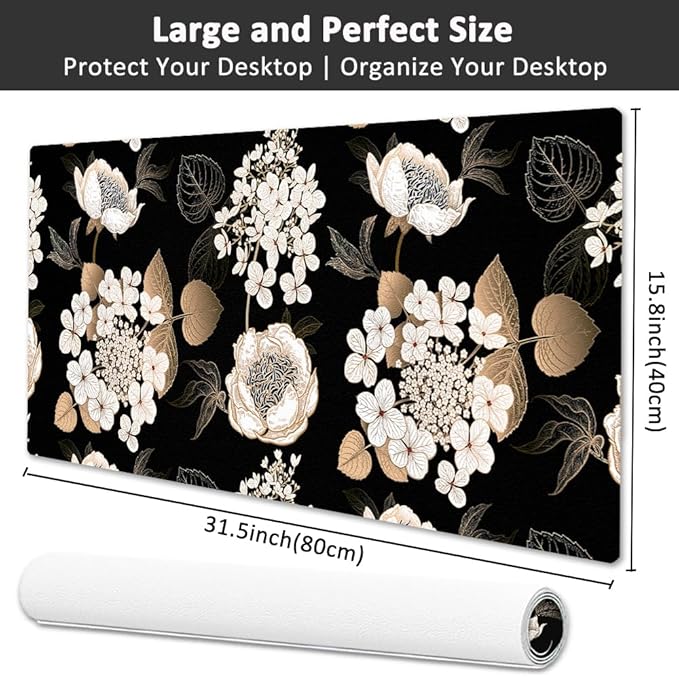 Large Mouse Pad, Desk Mat for Desktop, Dual Side PU Leather Waterproof Gaming Mousepad Desk Pad, Desk Protector Writing Pads Desk Accessories for Office and Home (C - Black Gold Flower, 31.5''X15.8'') | Desk Pads Blotters - TrueDesk