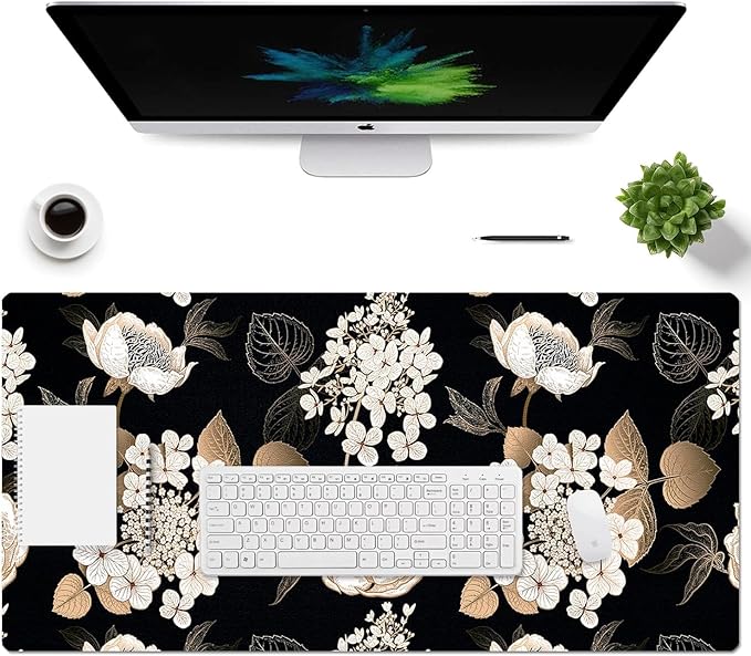 Large Mouse Pad, Desk Mat for Desktop, Dual Side PU Leather Waterproof Gaming Mousepad Desk Pad, Desk Protector Writing Pads Desk Accessories for Office and Home (C - Black Gold Flower, 31.5''X15.8'') | Desk Pads Blotters - TrueDesk