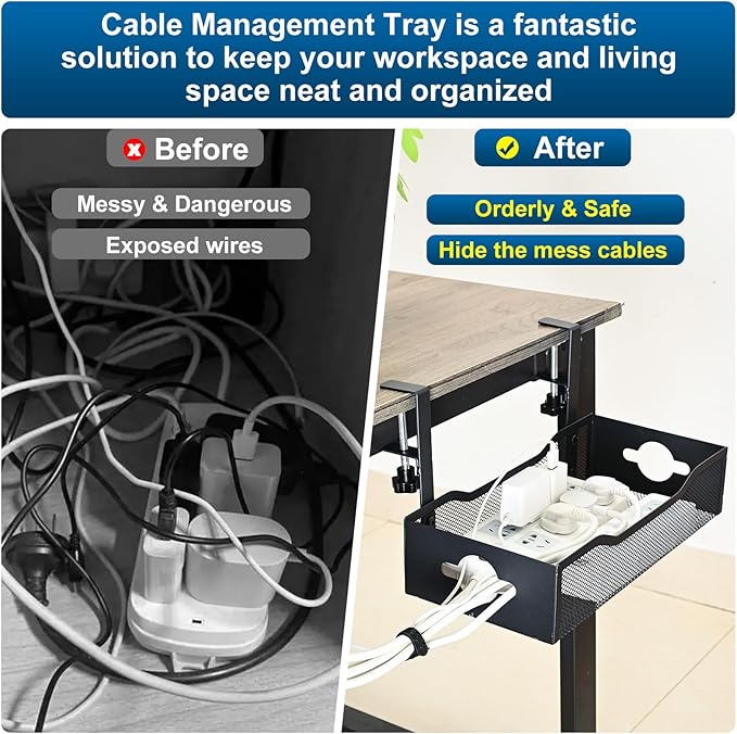 Large Under Desk Cable Management Tray - Heavy Duty Metal Cord Organizer with No Drill Installation for Office & Home Office Desks to Hide Wires & Power Strips (Black, XL) | Cable Raceways - TrueDesk