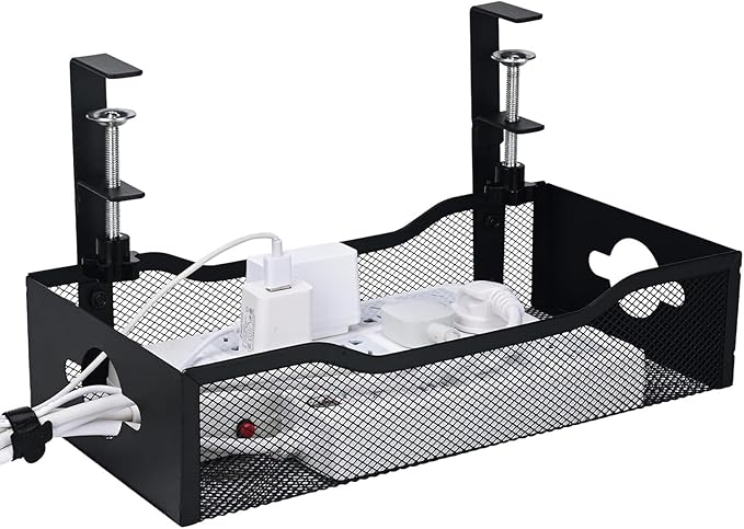 Large Under Desk Cable Management Tray - Heavy Duty Metal Cord Organizer with No Drill Installation for Office & Home Office Desks to Hide Wires & Power Strips (Black, XL) | Cable Raceways - TrueDesk