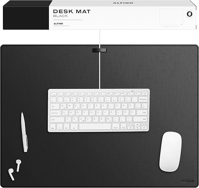 Leather Desk Mat Cable Organizer 23.6" x 17" | Premium Black Vegan Leather Desk Protector Blotter Mouse Pad with Felt Non Slip Bottom for Home Office | Desk Pads Blotters - TrueDesk
