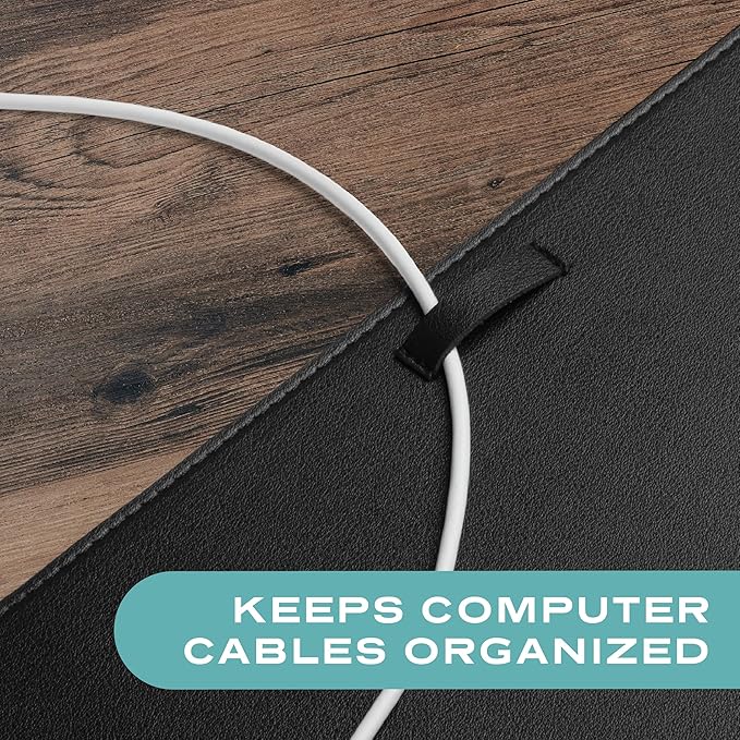 Leather Desk Mat Cable Organizer 23.6" x 17" | Premium Black Vegan Leather Desk Protector Blotter Mouse Pad with Felt Non Slip Bottom for Home Office | Desk Pads Blotters - TrueDesk