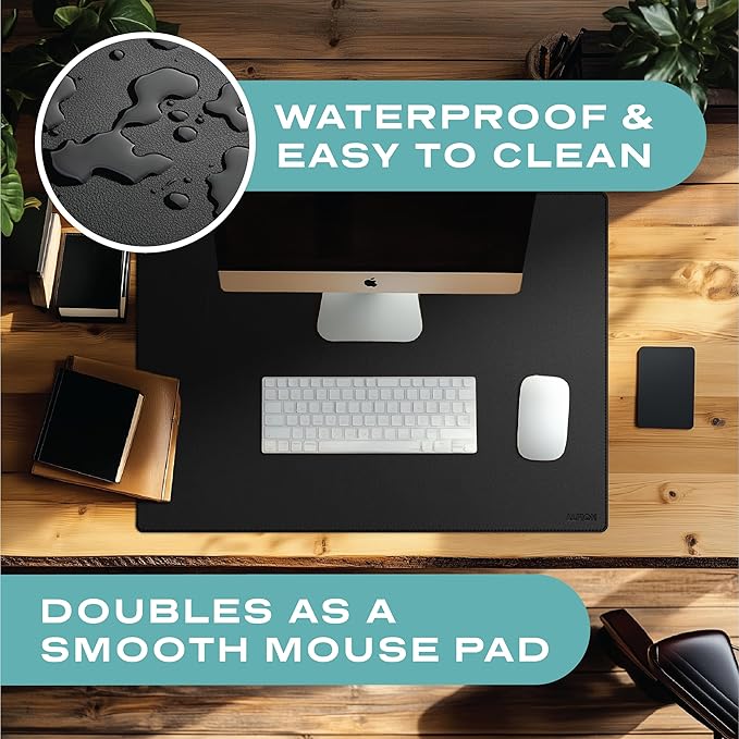 Leather Desk Mat Cable Organizer 23.6" x 17" | Premium Black Vegan Leather Desk Protector Blotter Mouse Pad with Felt Non Slip Bottom for Home Office | Desk Pads Blotters - TrueDesk