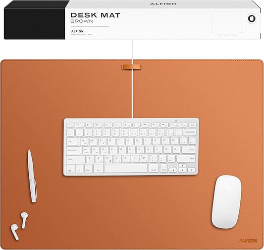 Leather Desk Mat Cable Organizer 23.6" x 17" | Premium Brown Vegan Leather Desk Protector Blotter Mouse Pad with Felt Non Slip Bottom for Home Office | Desk Pads Blotters - TrueDesk