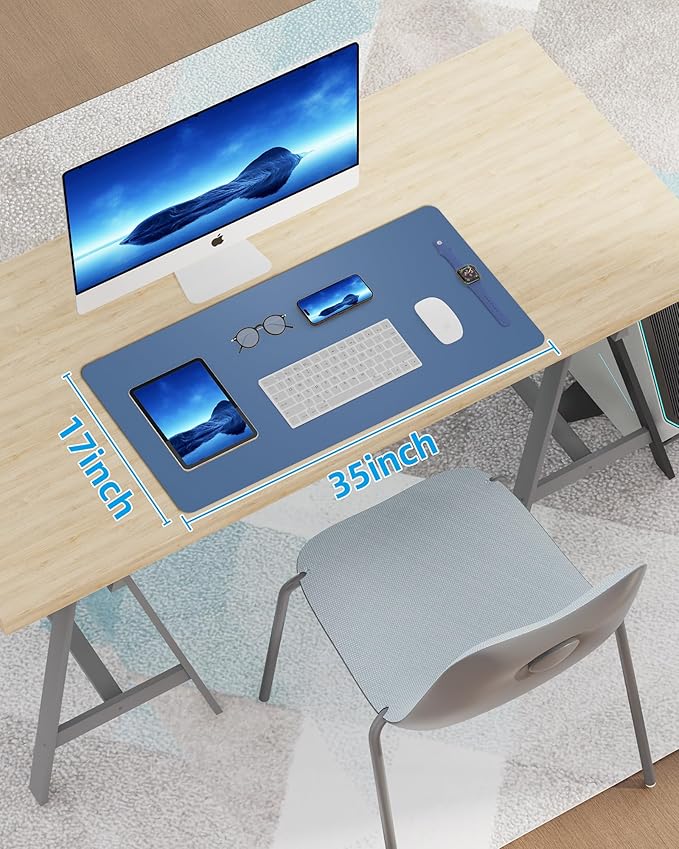 Leather Desk Pad Blotter,Mouse Pad,Office Desk Mat, Non - Slip PU Leather Desk mat,Large Desk mat,Waterproof Keyboard mat for Office/Home/Decor (Grey Blue,35" x 17") | Desk Pads Blotters - TrueDesk