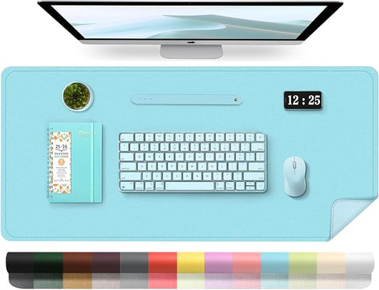 Leather Desk Pad Protector, 39.4'' X 17'' Large Mouse Pad, Office Desk Mat, Non - Slip PU Leather & Suede Base Desk Blotter, Laptop Desk Pad, Desktop Mat for Office Home, Aqua Frost Blue | Desk Pads Blotters - TrueDesk
