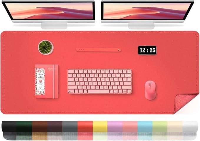 Leather Desk Pad Protector, 47.2'' x 23.6'', Suede Base Sewing Desk Blotter, Non - Slip Office Mat, Waterproof Writing Pad for Home and Office, Candy Red | Desk Pads Blotters - TrueDesk