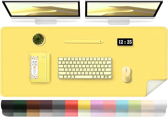 Leather Desk Pad Protector, 47.2'' x 23.6'', Suede Base Sewing Desk Blotter, Non - Slip Office Mat, Waterproof Writing Pad - Yellow | Desk Pads Blotters - TrueDesk