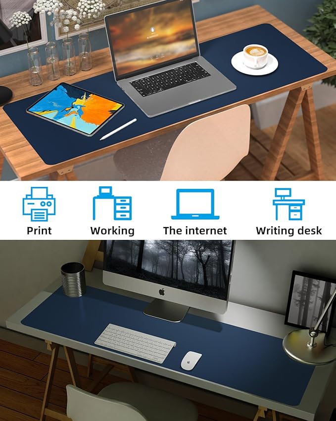 Leather Desk Pad Protector, Large Desk Mat, Mouse Pad, Non - Slip PU Leather Desk Blotter,Desk Cover mat,Desk mat for Keyboard and Mouse,Mat for Office&Home (Midnight Blue, 48" x 17") | Desk Pads Blotters - TrueDesk