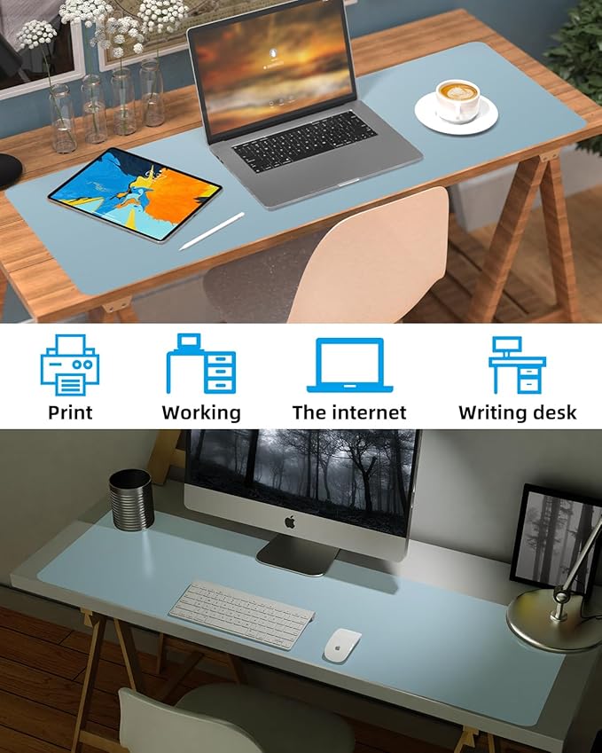 Leather Desk Pad Protector, Large Mat, Mouse Pad & Keyboard Cover - Non - Slip PU Leather Blotter - Office & Home (Light Blue, 48" x 17") | Desk Pads Blotters - TrueDesk