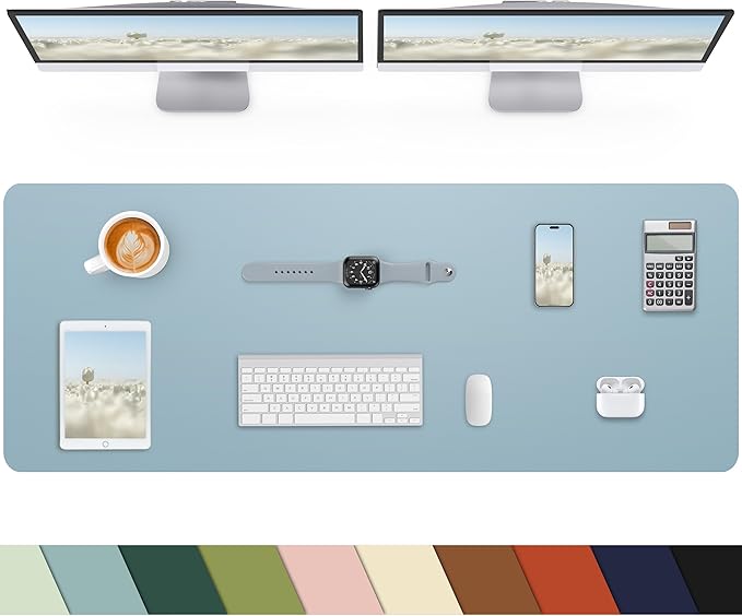 Leather Desk Pad Protector, Large Mat, Mouse Pad & Keyboard Cover - Non - Slip PU Leather Blotter - Office & Home (Light Blue, 48" x 17") | Desk Pads Blotters - TrueDesk