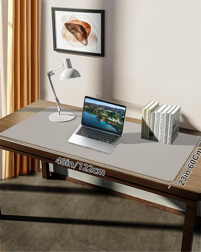 Leather Desk Pad Protector, Large Office Mat & Mouse Pad, Non - Slip Laptop Desk Blotter, Waterproof Writing Pad (Light Grey, 48" x 24") | Desk Pads Blotters - TrueDesk