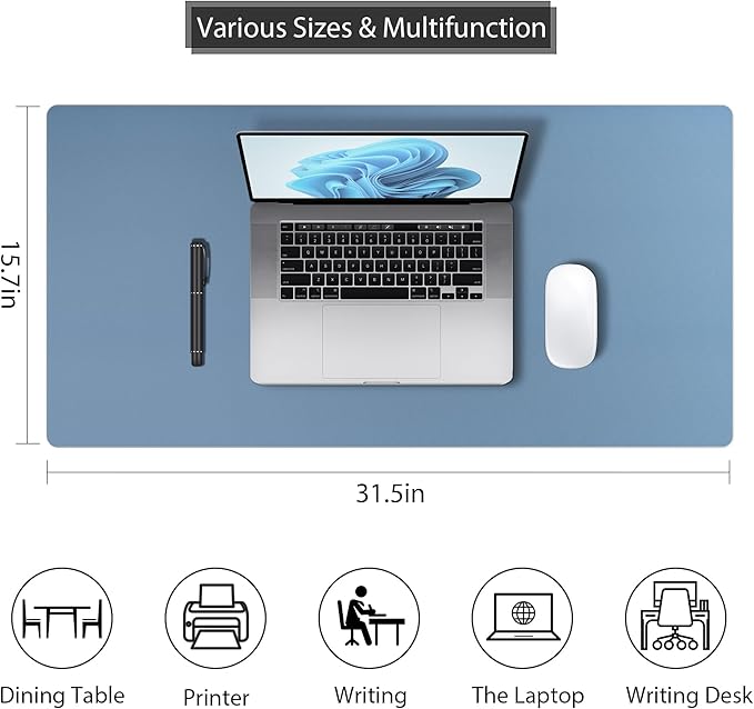 Leather Desk Pad Protector, Mouse Pad, Non - Slip Computer Mat for Desk, PU Leather Desk Mat for Home & Office, Waterproof Laptop Desk Blotter Pad for Keyboard and Mouse, Denim Blue (15.7''X31.5'') | Desk Pads Blotters - TrueDesk