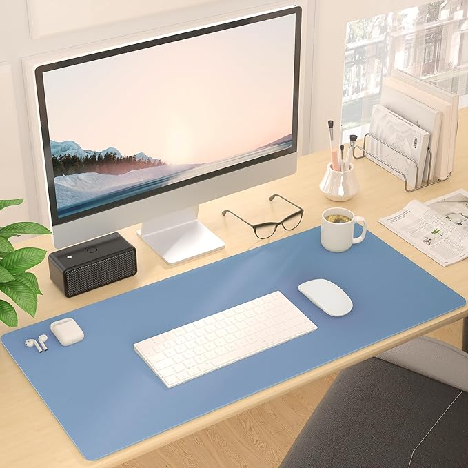 Leather Desk Pad Protector, Mouse Pad, Non - Slip Computer Mat for Desk, PU Leather Desk Mat for Home & Office, Waterproof Laptop Desk Blotter Pad for Keyboard and Mouse, Denim Blue (15.7''X31.5'') | Desk Pads Blotters - TrueDesk