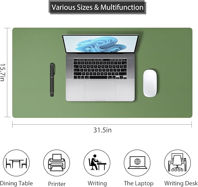 Leather Desk Pad Protector, Mouse Pad, Non - Slip Computer Mat for Desk, PU Leather Office Desk Mat for Home & Office, Waterproof Laptop Desk Blotter for Keyboard and Mouse, Olive Green (15.7''X31.5'') | Desk Pads Blotters - TrueDesk