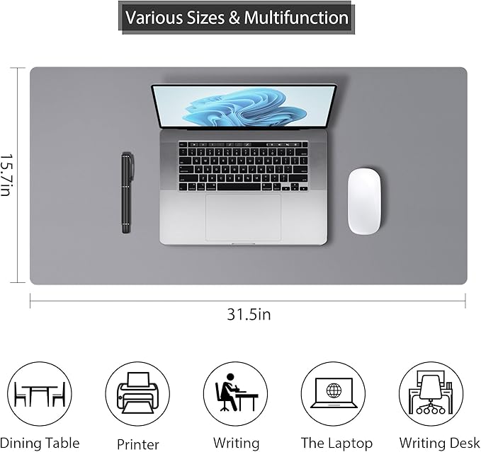 Leather Desk Pad Protector, Mouse Pad, Non - Slip Computer Mat for Desk, PU Leather Office Desk Mat for Home & Office, Waterproof Laptop Desk Blotter for Keyboard and Mouse, Grey (15.7''X31.5'') | Desk Pads Blotters - TrueDesk