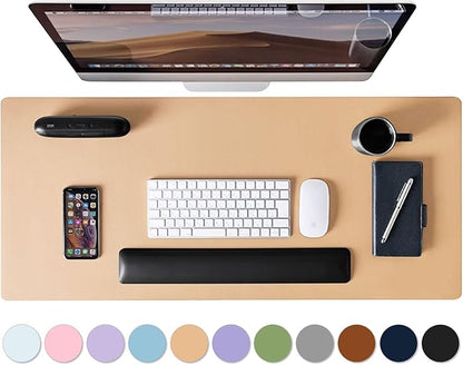Leather Desk Pad Protector, Mouse Pad, Non - Slip Computer Mat for Desk, PU Leather Office Desk Mat for Home & Office, Waterproof Laptop Desk Blotter for Keyboard and Mouse, Khaki (15.7''X31.5'') | Desk Pads Blotters - TrueDesk