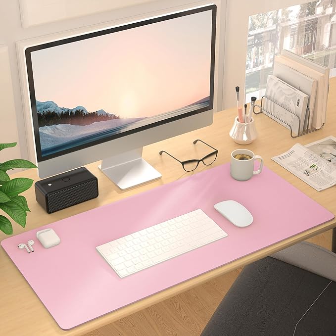 Leather Desk Pad Protector, Mouse Pad, Non - Slip Computer Mat for Desk, PU Leather Office Desk Mat for Home & Office, Waterproof Laptop Desk Blotter for Keyboard and Mouse, Pink (15.7''X31.5'') | Desk Pads Blotters - TrueDesk