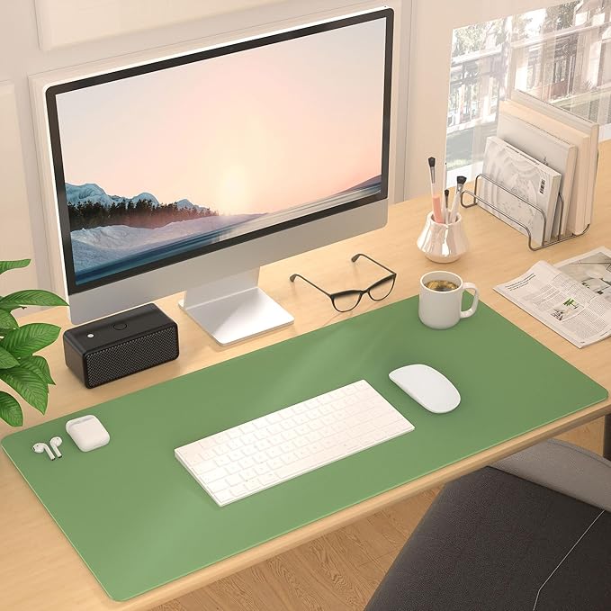 Leather Desk Pad Protector, Mouse Pad, Non - Slip Computer Mat for Desk, PU Leather Office Desk Mat for Home & Office, Waterproof Laptop Desk Blotter for Keyboard and Mouse, Olive Green (15.7''X31.5'') | Desk Pads Blotters - TrueDesk