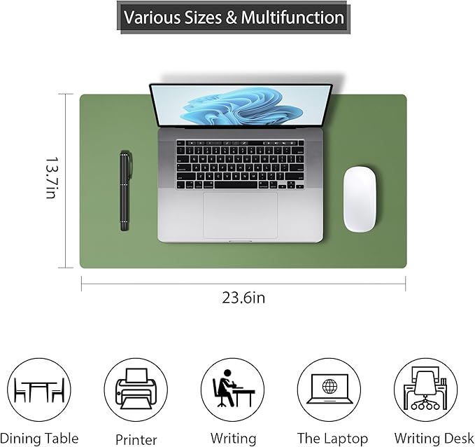 Leather Desk Pad Protector, Mouse Pad, Non - Slip Computer Mat for Desk, PU Leather Office Desk Mat for Home & Office, Waterproof Laptop Desk Blotter for Keyboard and Mouse, Olive Green (13.7''X23.6'') | Desk Pads Blotters - TrueDesk