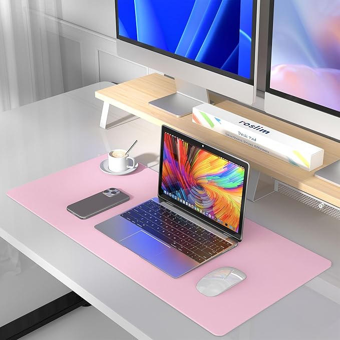 Leather Desk Pad Protector, Mouse Pad, Non - Slip Computer Mat for Desk, PU Leather Office Desk Mat for Home & Office, Waterproof Laptop Desk Blotter for Keyboard and Mouse, Pink (15.7''X31.5'') | Desk Pads Blotters - TrueDesk