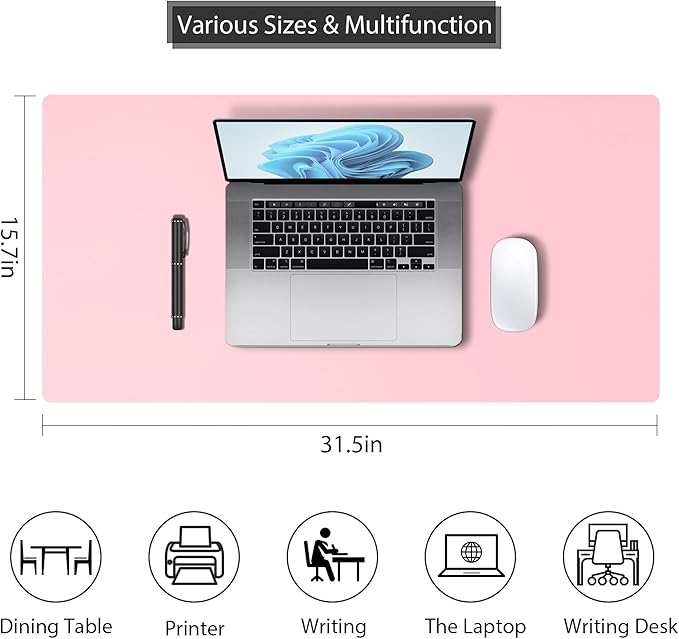 Leather Desk Pad Protector, Mouse Pad, Non - Slip Computer Mat for Desk, PU Leather Office Desk Mat for Home & Office, Waterproof Laptop Desk Blotter for Keyboard and Mouse, Pink (15.7''X31.5'') | Desk Pads Blotters - TrueDesk