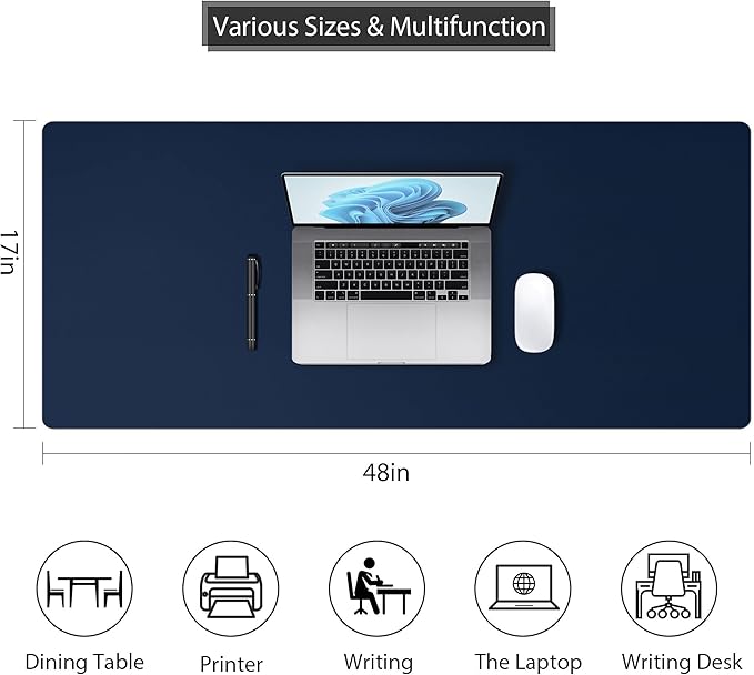 Leather Desk Pad Protector, Mouse Pad, Non - Slip Computer Mat for Desk, PU Leather Office Desk Mat for Home & Office, Waterproof Laptop Desk Blotter for Keyboard and Mouse, Navy (17''X48'') | Mouse Pads - TrueDesk