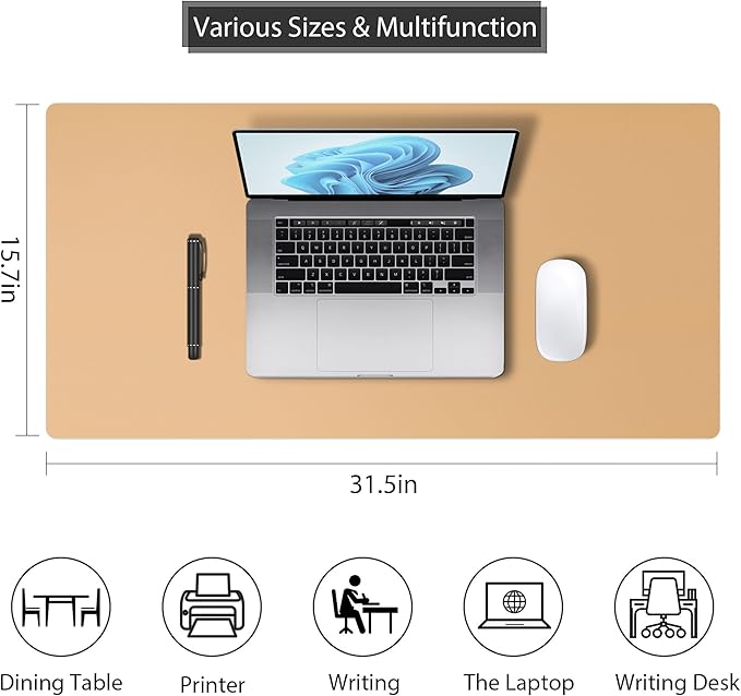 Leather Desk Pad Protector, Mouse Pad, Non - Slip Computer Mat for Desk, PU Leather Office Desk Mat for Home & Office, Waterproof Laptop Desk Blotter for Keyboard and Mouse, Khaki (15.7''X31.5'') | Desk Pads Blotters - TrueDesk