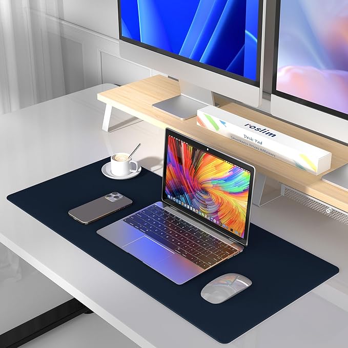 Leather Desk Pad Protector, Mouse Pad, Non - Slip Computer Mat for Desk, PU Leather Office Desk Mat for Home & Office, Waterproof Laptop Desk Blotter for Keyboard and Mouse, Navy (17''X48'') | Mouse Pads - TrueDesk
