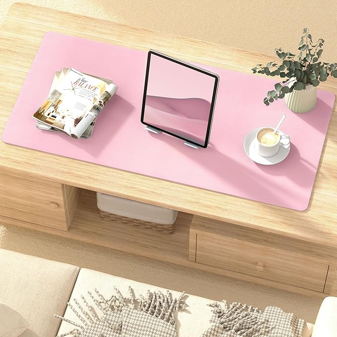 Leather Desk Pad Protector, Mouse Pad, Non - Slip Computer Mat for Desk, PU Leather Office Desk Mat for Home & Office, Waterproof Laptop Desk Blotter for Keyboard and Mouse, Pink (15.7''X31.5'') | Desk Pads Blotters - TrueDesk