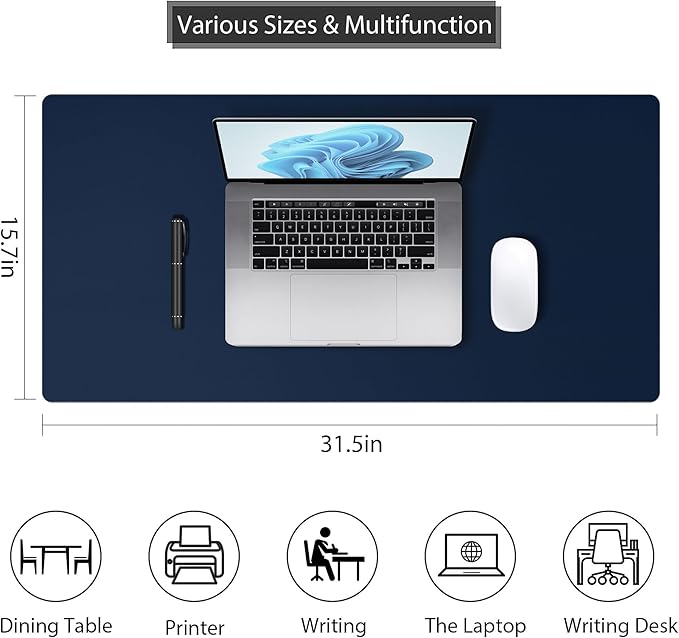 Leather Desk Pad Protector, Mouse Pad, Non - Slip Computer Mat for Desk, PU Leather Office Desk Mat for Home & Office, Waterproof Laptop Desk Blotter for Keyboard and Mouse, Navy (15.7''X31.5'') | Desk Pads Blotters - TrueDesk