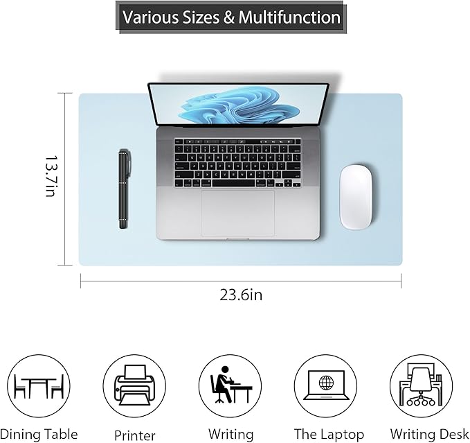 Leather Desk Pad Protector, Mouse Pad, Non - Slip Computer Mat for Desk, PU Leather Office Desk Mat for Home & Office, Waterproof Laptop Desk Blotter for Keyboard and Mouse, Baby Blue (13.7''X23.6'') | Desk Pads Blotters - TrueDesk
