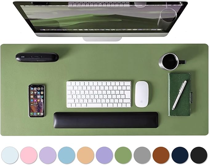 Leather Desk Pad Protector, Mouse Pad, Non - Slip Computer Mat for Desk, PU Leather Office Desk Mat for Home & Office, Waterproof Laptop Desk Blotter for Keyboard and Mouse, Olive Green (15.7''X31.5'') | Desk Pads Blotters - TrueDesk