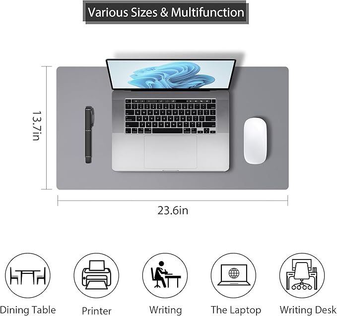 Leather Desk Pad Protector, Mouse Pad, Non - Slip Computer Mat for Desk, PU Leather Office Desk Mat for Home & Office, Waterproof Laptop Desk Blotter Pad for Keyboard and Mouse, Grey (13.7''X23.6'') | Desk Pads Blotters - TrueDesk