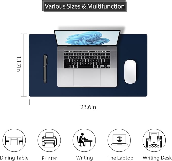 Leather Desk Pad Protector, Mouse Pad, Non - Slip Computer Mat for Desk, PU Leather Office Desk Mat for Home & Office, Waterproof Laptop Desk Blotter Pad for Keyboard and Mouse, Navy (13.7''X23.6'') | Desk Pads Blotters - TrueDesk