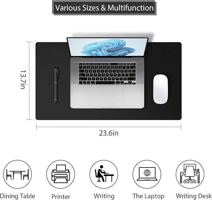 Leather Desk Pad Protector, Mouse Pad, Non - Slip Computer Mat for Desk, PU Leather Office Desk Mat for Home Office, Waterproof Laptop Desk Blotter Pad for Keyboard and Mouse, Black (13.7''X23.6'') | Desk Pads Blotters - TrueDesk