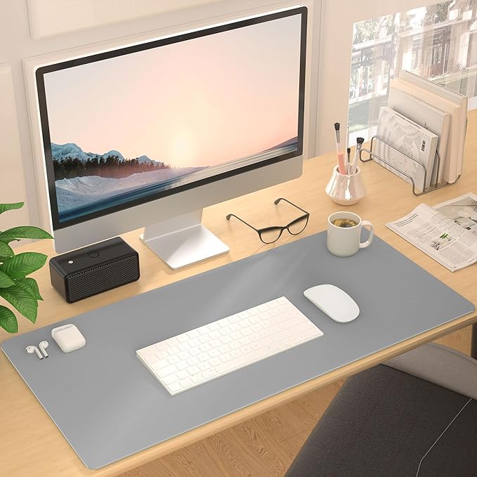 Leather Desk Pad Protector, Mouse Pad, Non - Slip Computer Mat for Desk, PU Leather Office Desk Mat for Home & Office, Waterproof Laptop Desk Blotter Pad for Keyboard and Mouse, Grey (13.7''X23.6'') | Desk Pads Blotters - TrueDesk