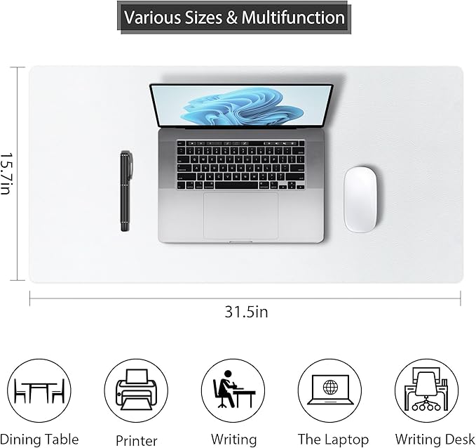 Leather Desk Pad Protector, Mouse Pad, Non - Slip Computer Mat for Desk, PU Leather Office Desk Mat for Home & Office, Waterproof Laptop Desk Blotter Pad for Keyboard and Mouse, White (15.7''X31.5'') | Desk Pads Blotters - TrueDesk