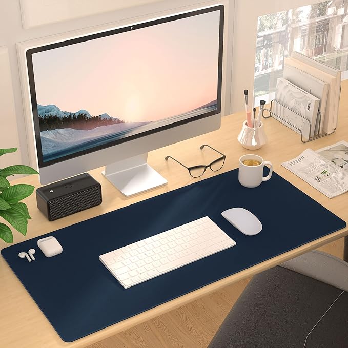 Leather Desk Pad Protector, Mouse Pad, Non - Slip Computer Mat for Desk, PU Leather Office Desk Mat for Home & Office, Waterproof Laptop Desk Blotter Pad for Keyboard and Mouse, Navy (13.7''X23.6'') | Desk Pads Blotters - TrueDesk